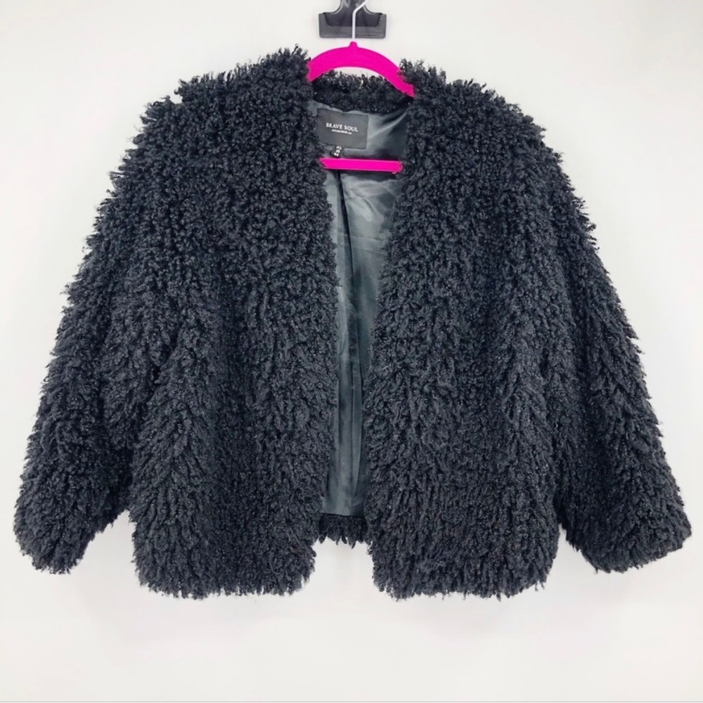 Brave Soul Bombay Faux Fur Black Open Front Jacket